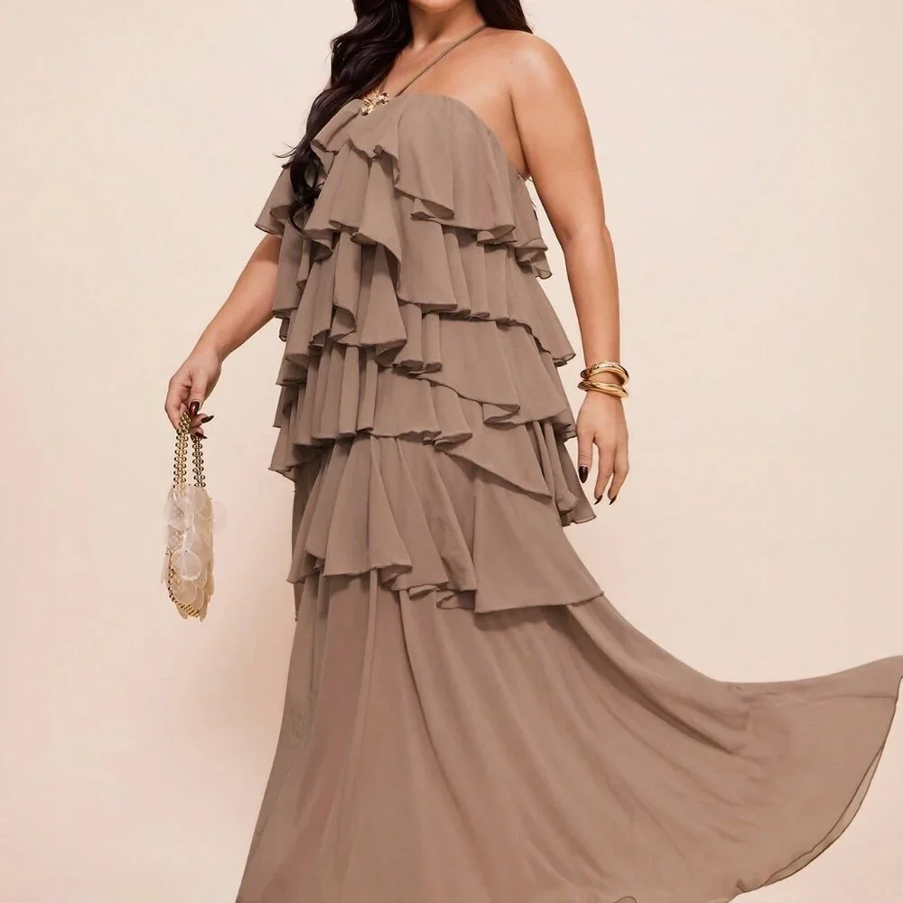 Coffee Brown Casual Women's Plus Size Color Multi-Layer Halter Dress - Picture 3 of 7